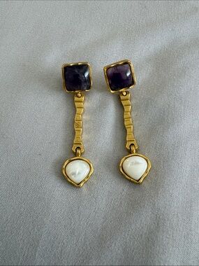 Gold-Tone Dangle Earrings with Purple Stone and Pearl Teardrop